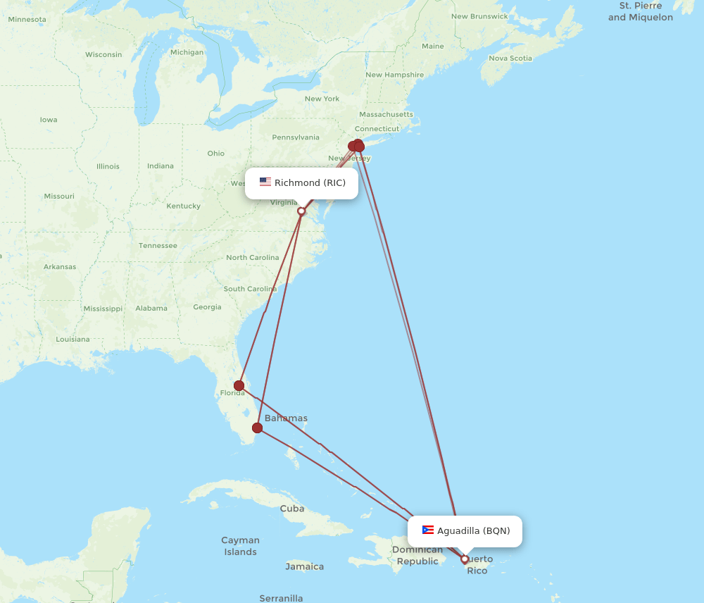 RIC to BQN flights and routes map