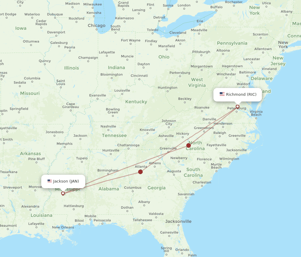 RIC to JAN flights and routes map