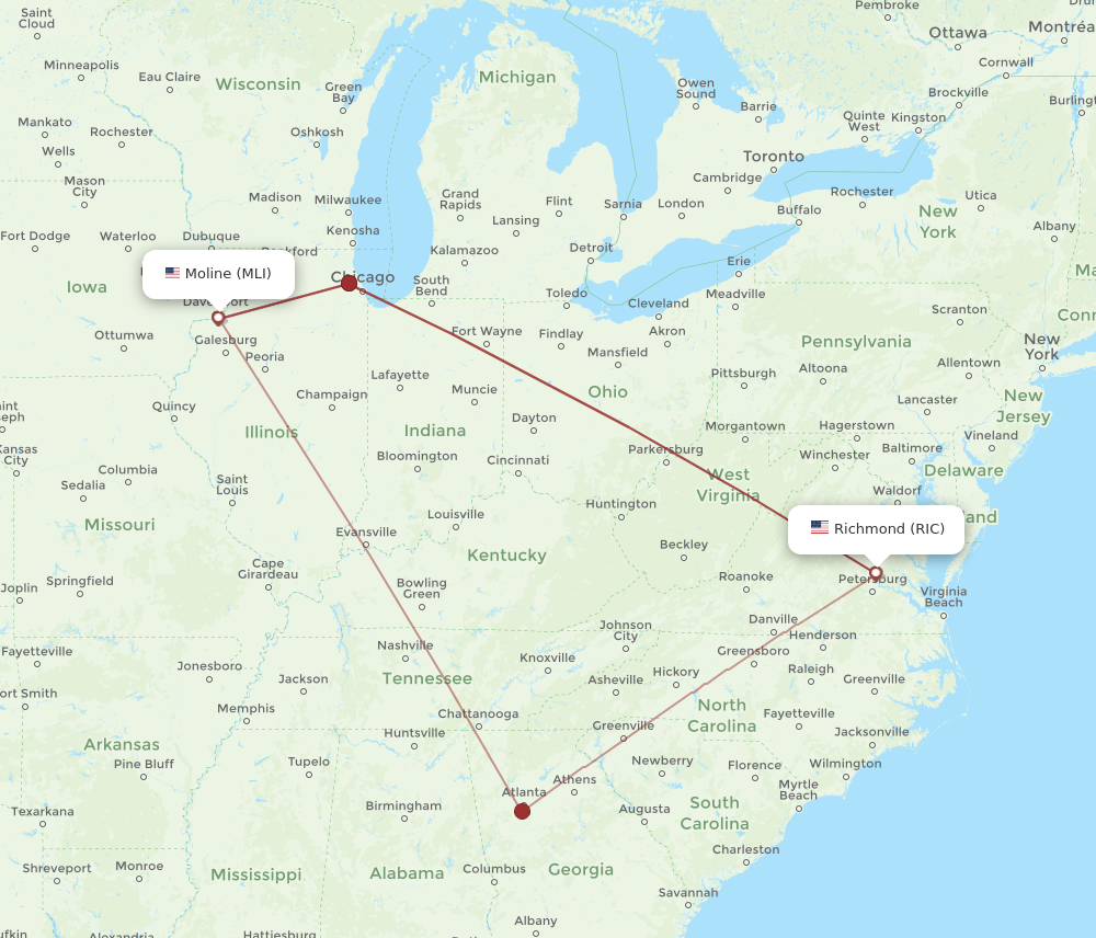 RIC to MLI flights and routes map