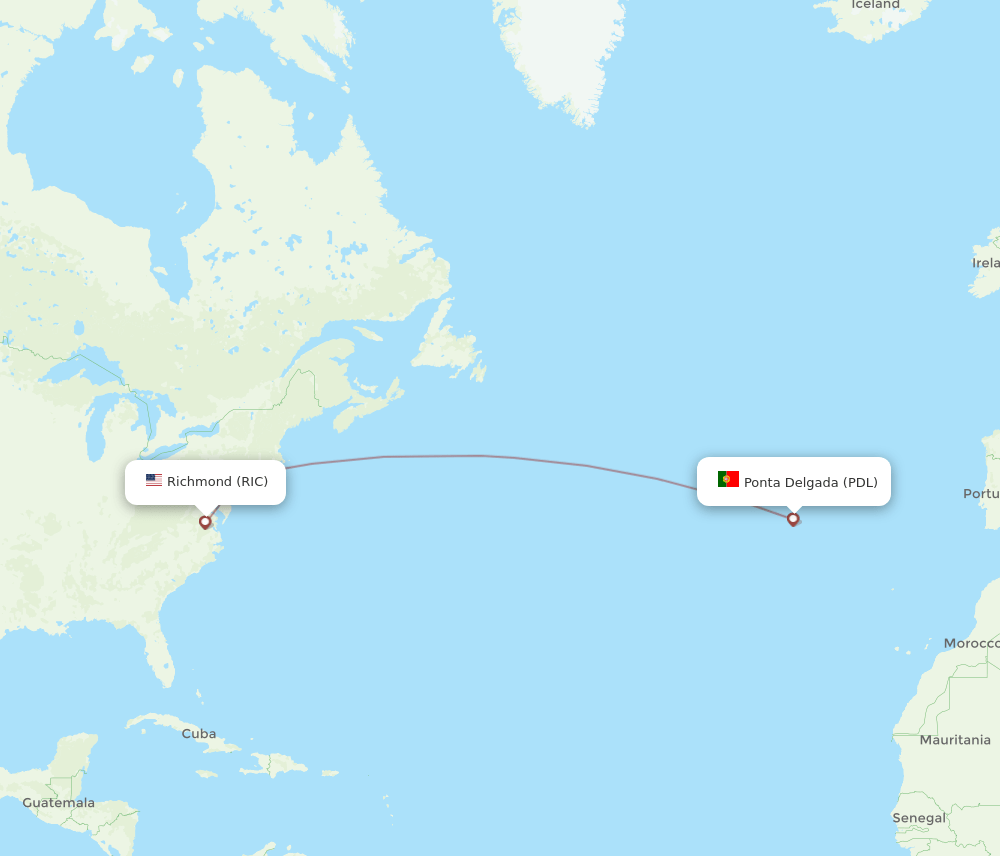 Ponta Delgada (Azores) - Richmond route map and flight paths