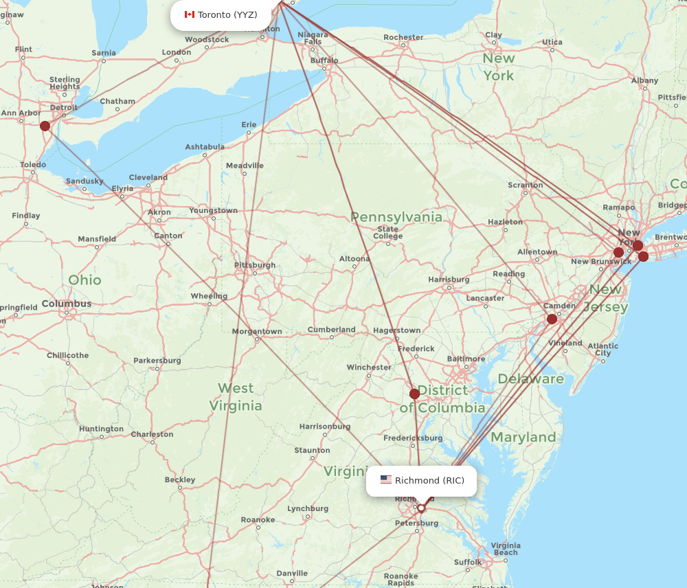 Toronto - Richmond route map and flight paths