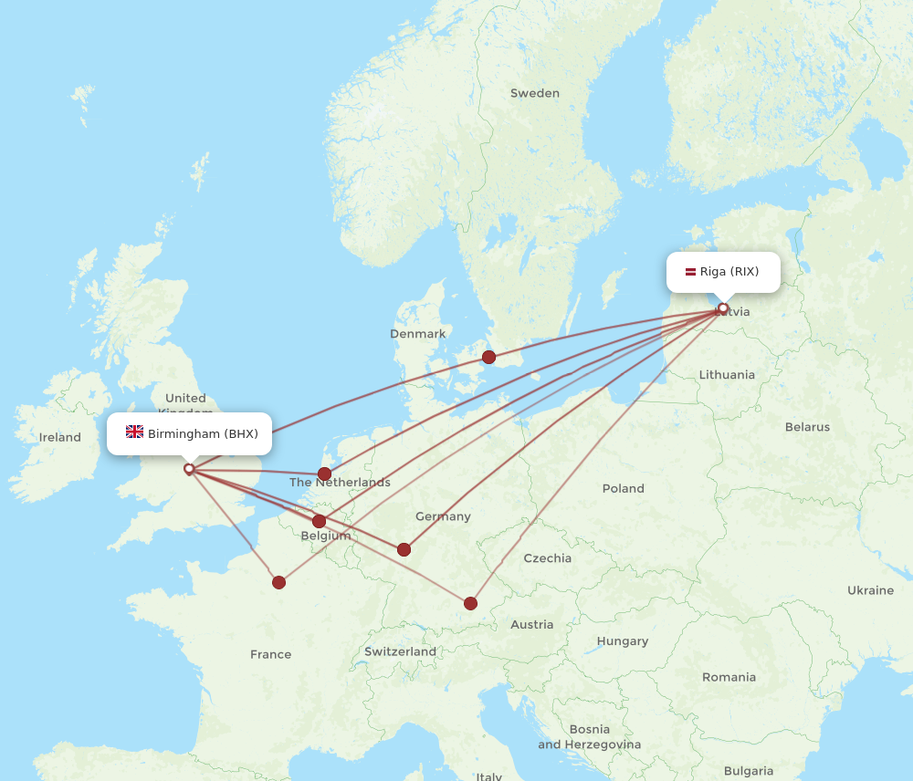 RIX to BHX flights and routes map