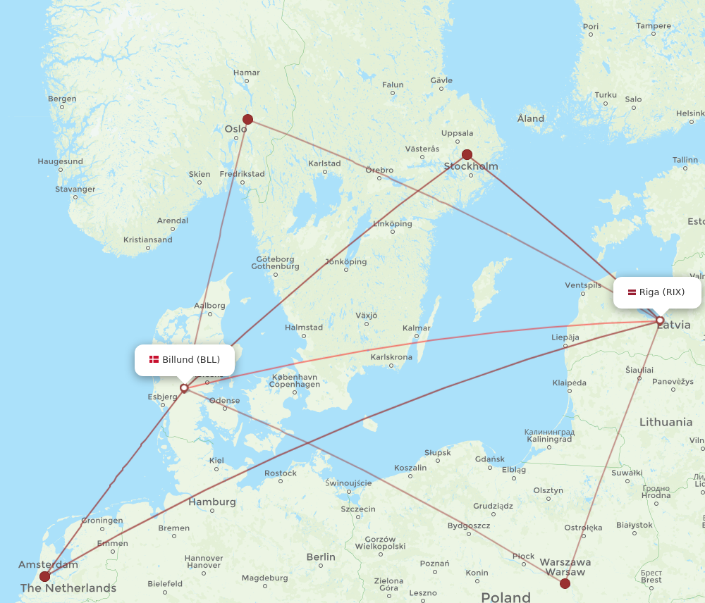 RIX to BLL flights and routes map