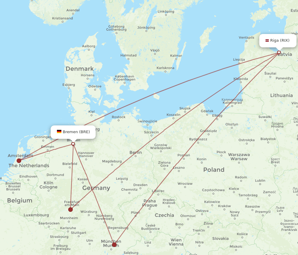 RIX to BRE flights and routes map