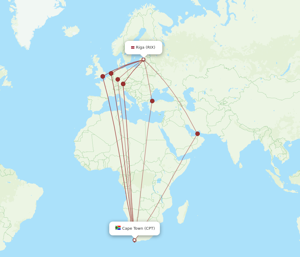 RIX to CPT flights and routes map