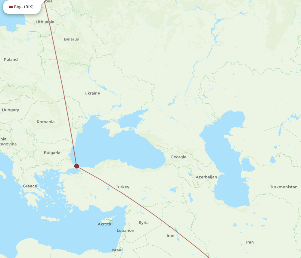 Dubai - Riga route map and flight paths