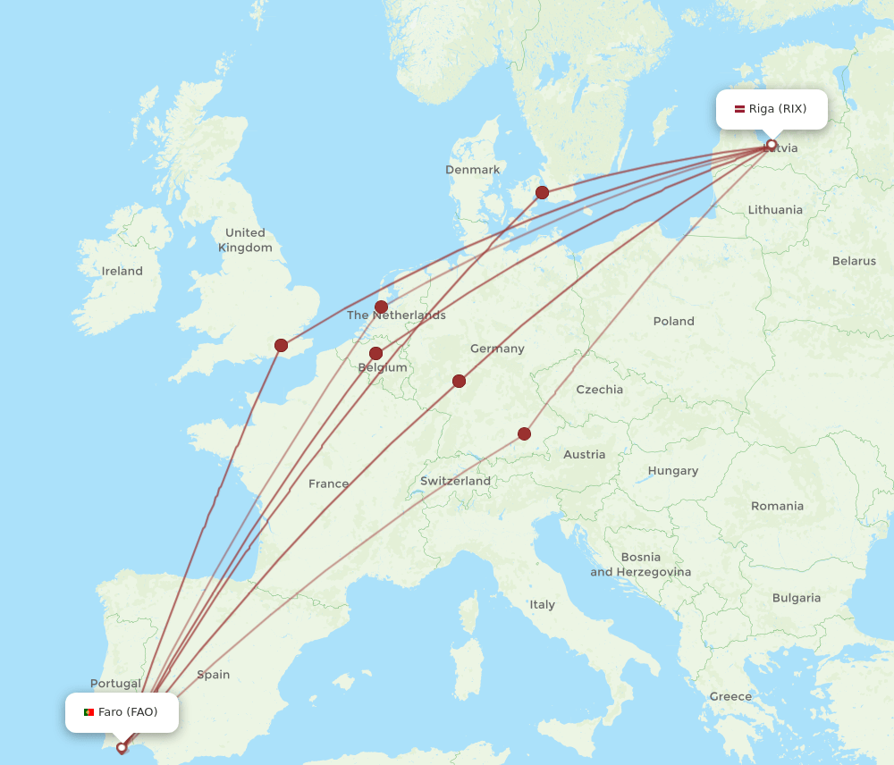 RIX to FAO flights and routes map
