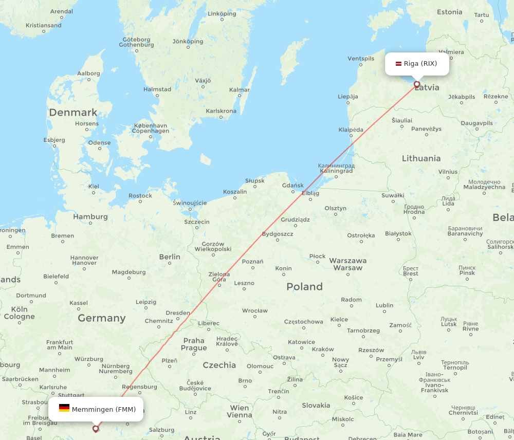 Riga - Memmingen route map and flight paths