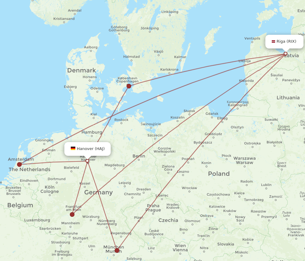 RIX to HAJ flights and routes map