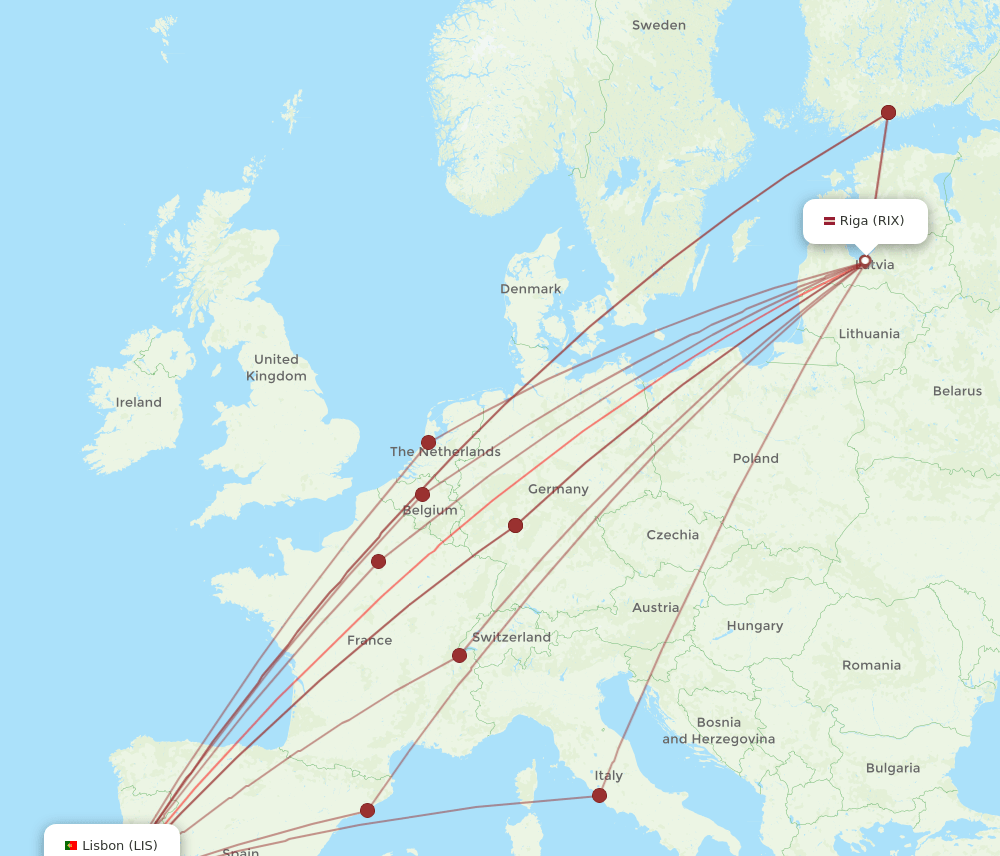 RIX to LIS flights and routes map