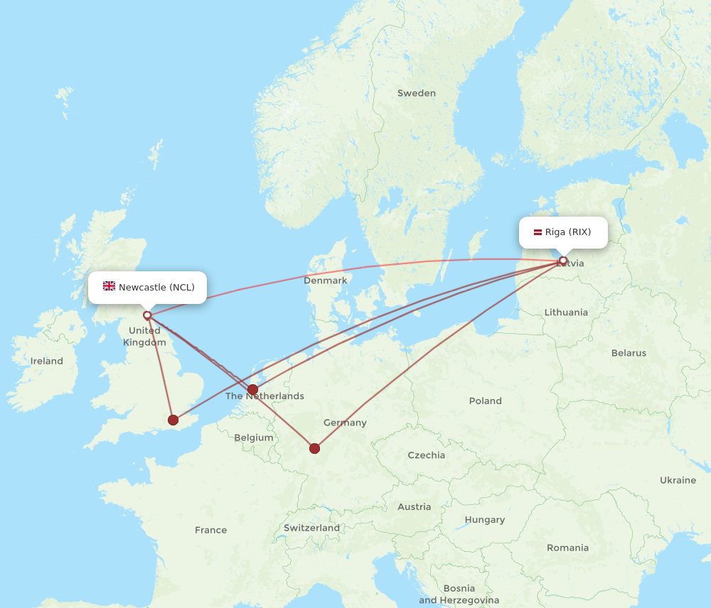 RIX to NCL flights and routes map