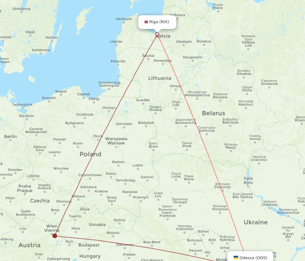 Riga - Odessa route map and flight paths