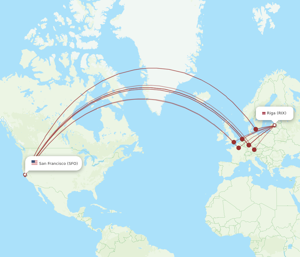 RIX to SFO flights and routes map