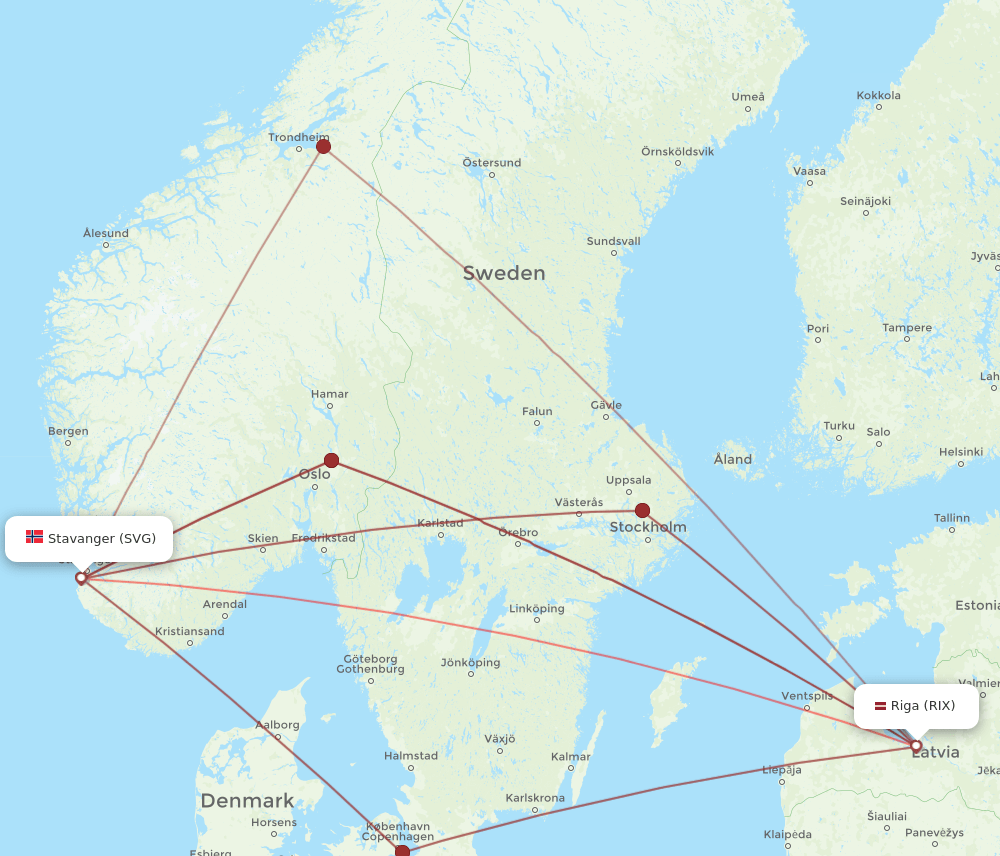 RIX to SVG flights and routes map