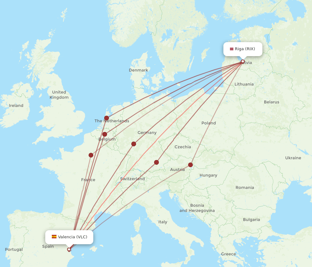 RIX to VLC flights and routes map