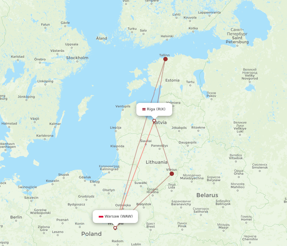 RIX to WAW flights and routes map