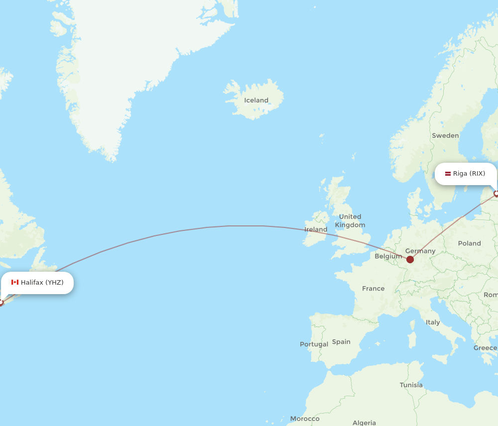 Halifax - Riga route map and flight paths
