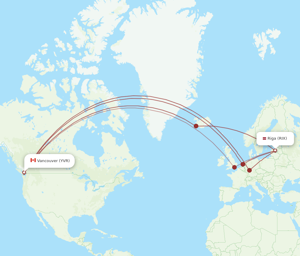 Vancouver - Riga route map and flight paths