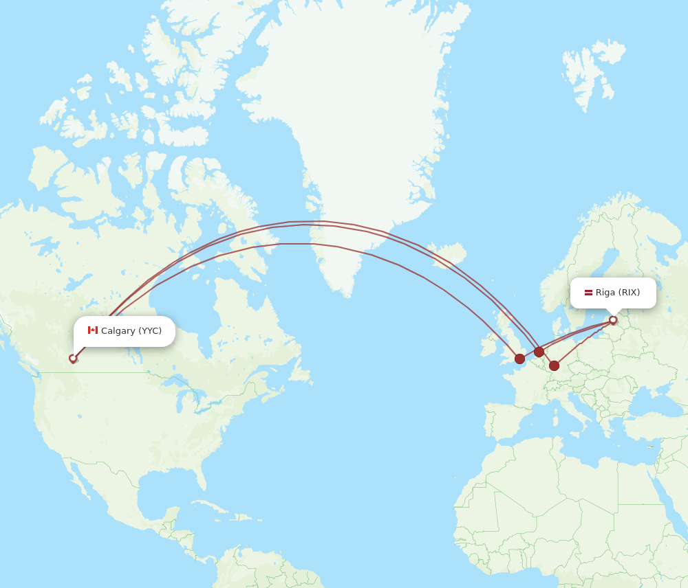 Calgary - Riga route map and flight paths
