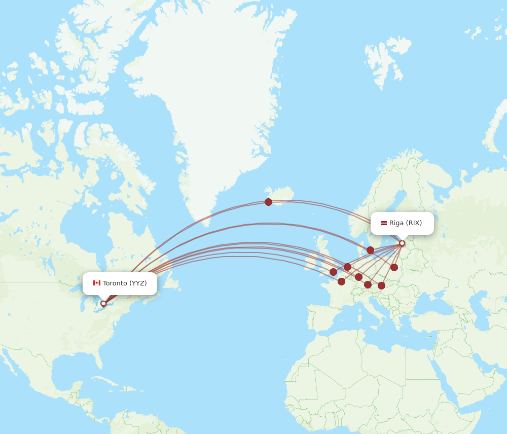 Toronto - Riga route map and flight paths