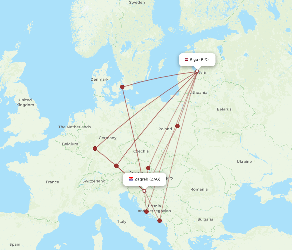 Zagreb - Riga route map and flight paths
