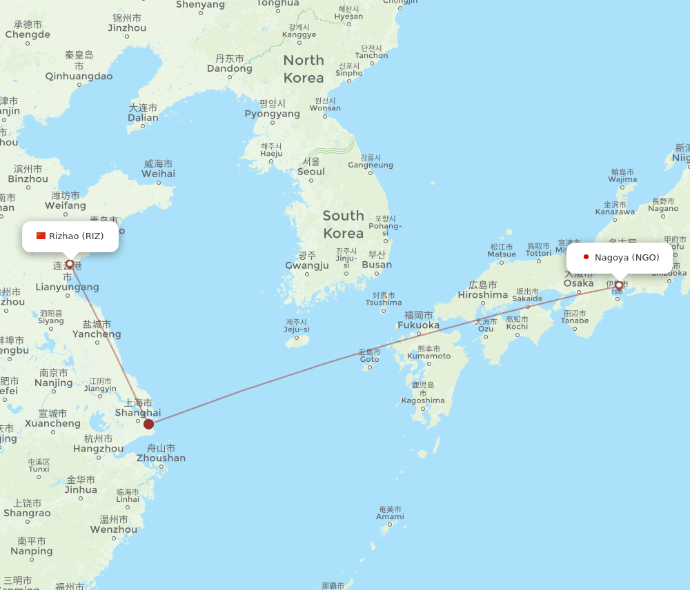 Nagoya - Rizhao route map and flight paths