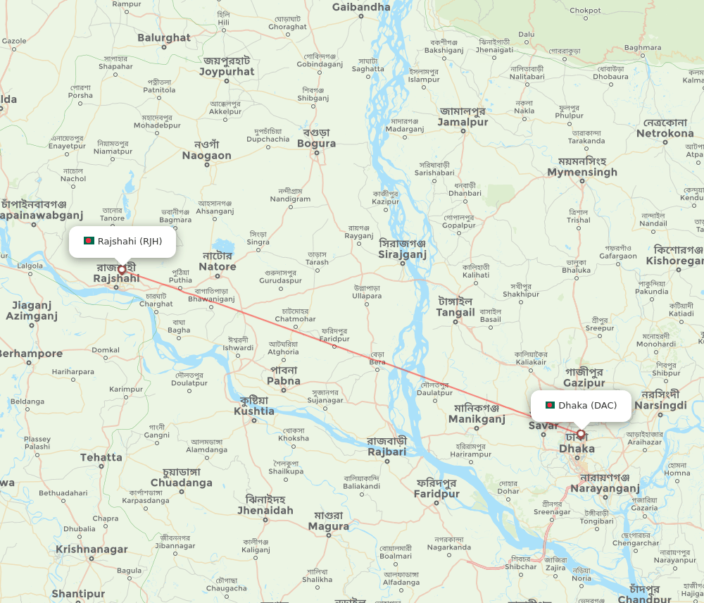 RJH to DAC flights and routes map