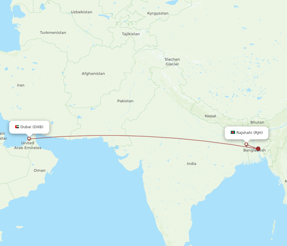 RJH to DXB flights and routes map