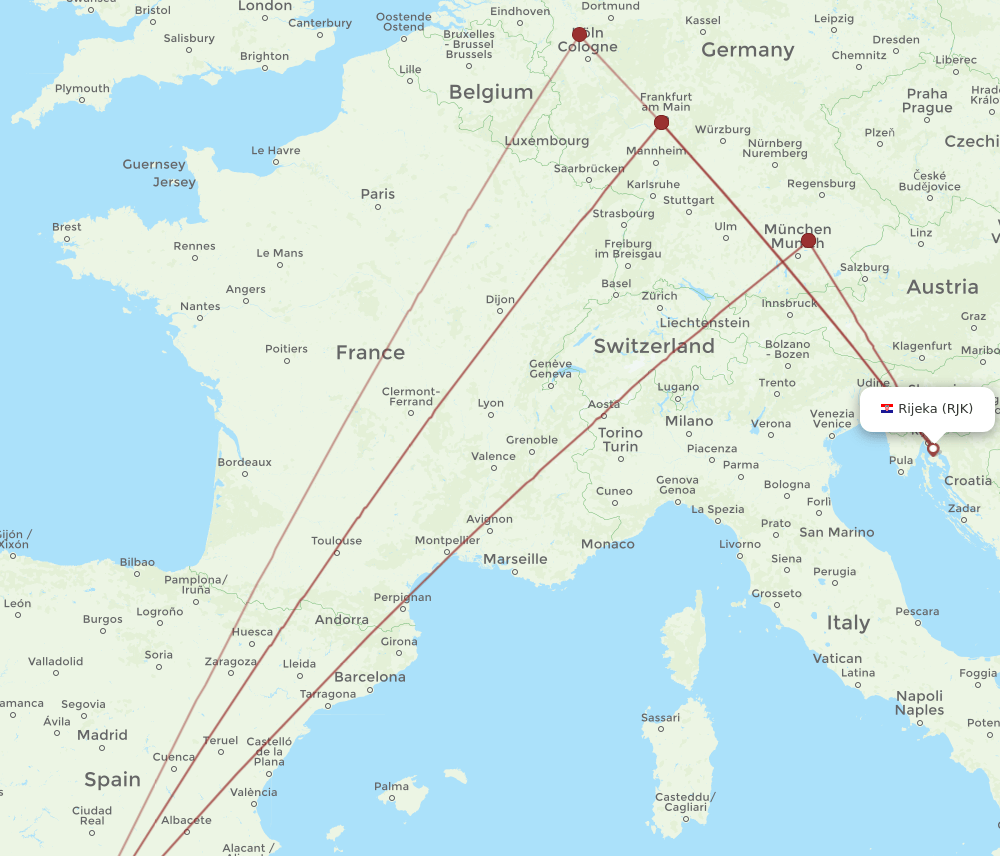 RJK to AGP flights and routes map
