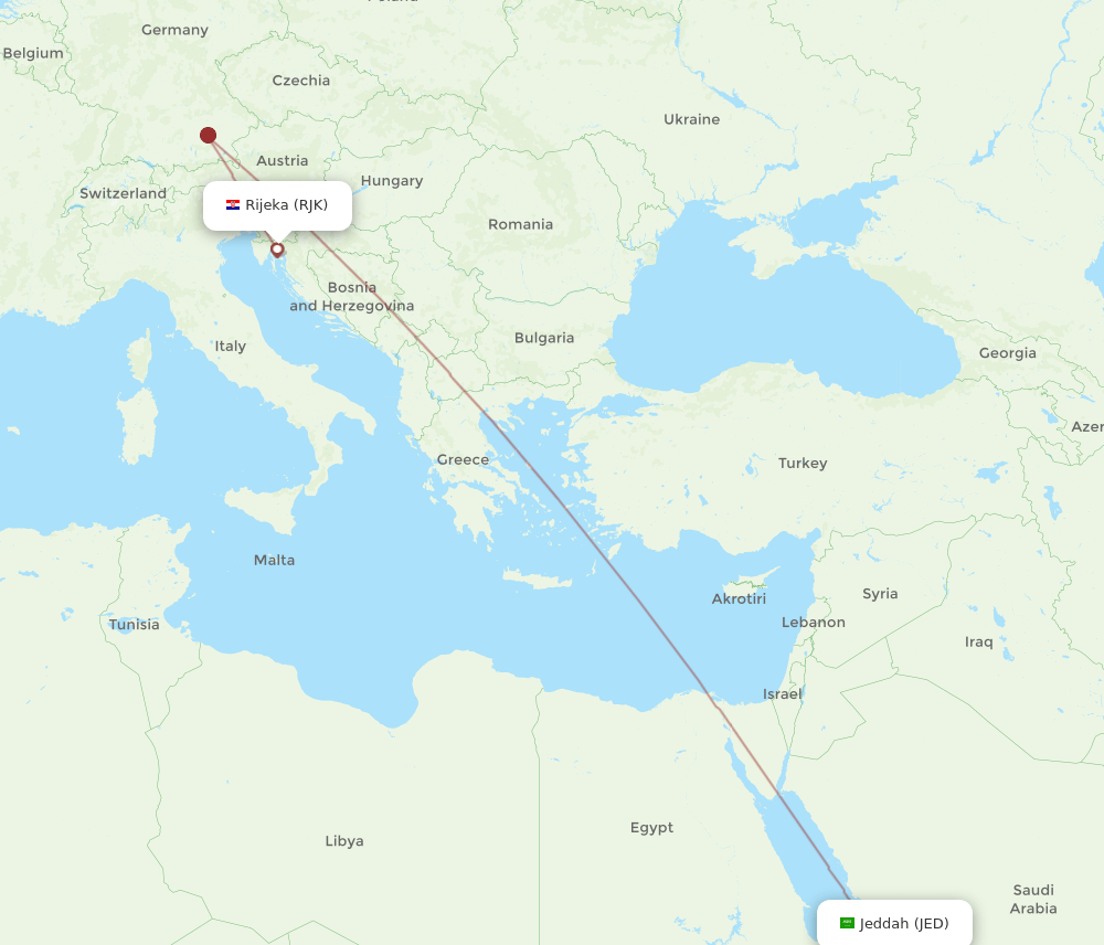 Jeddah - Rijeka route map and flight paths