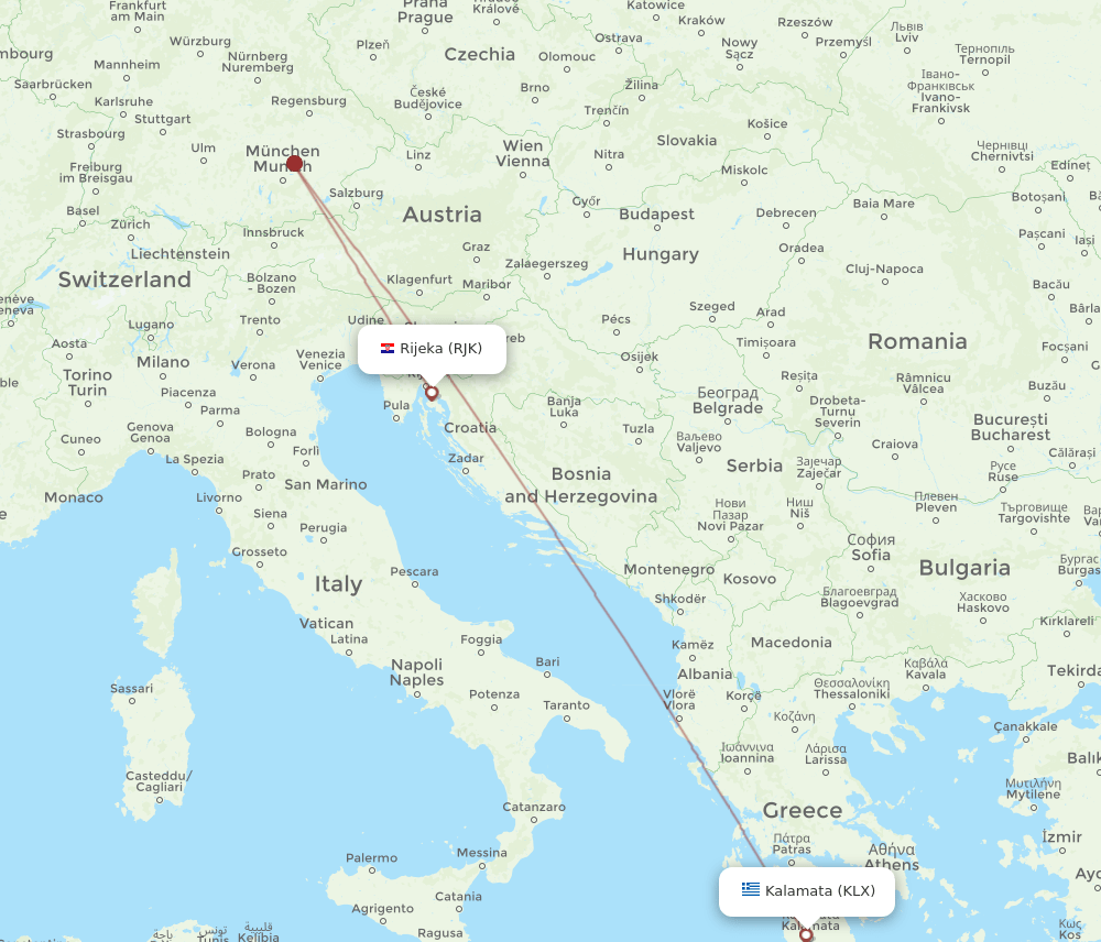 Kalamata - Rijeka route map and flight paths