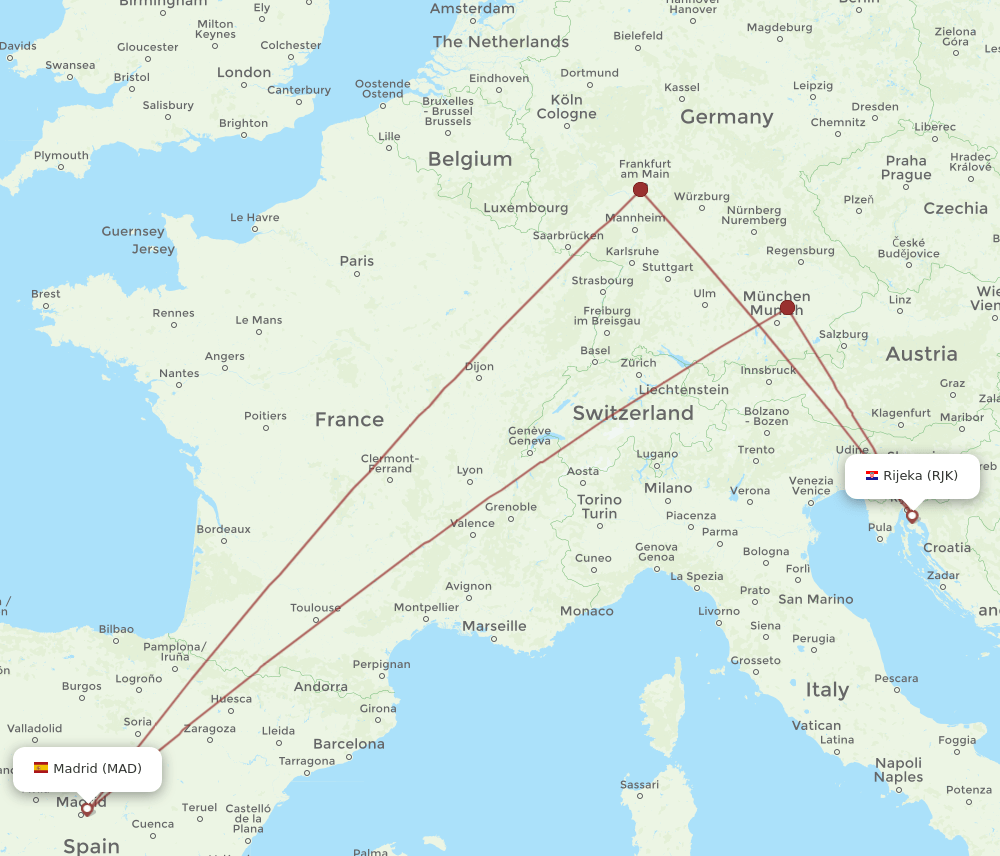 RJK to MAD flights and routes map