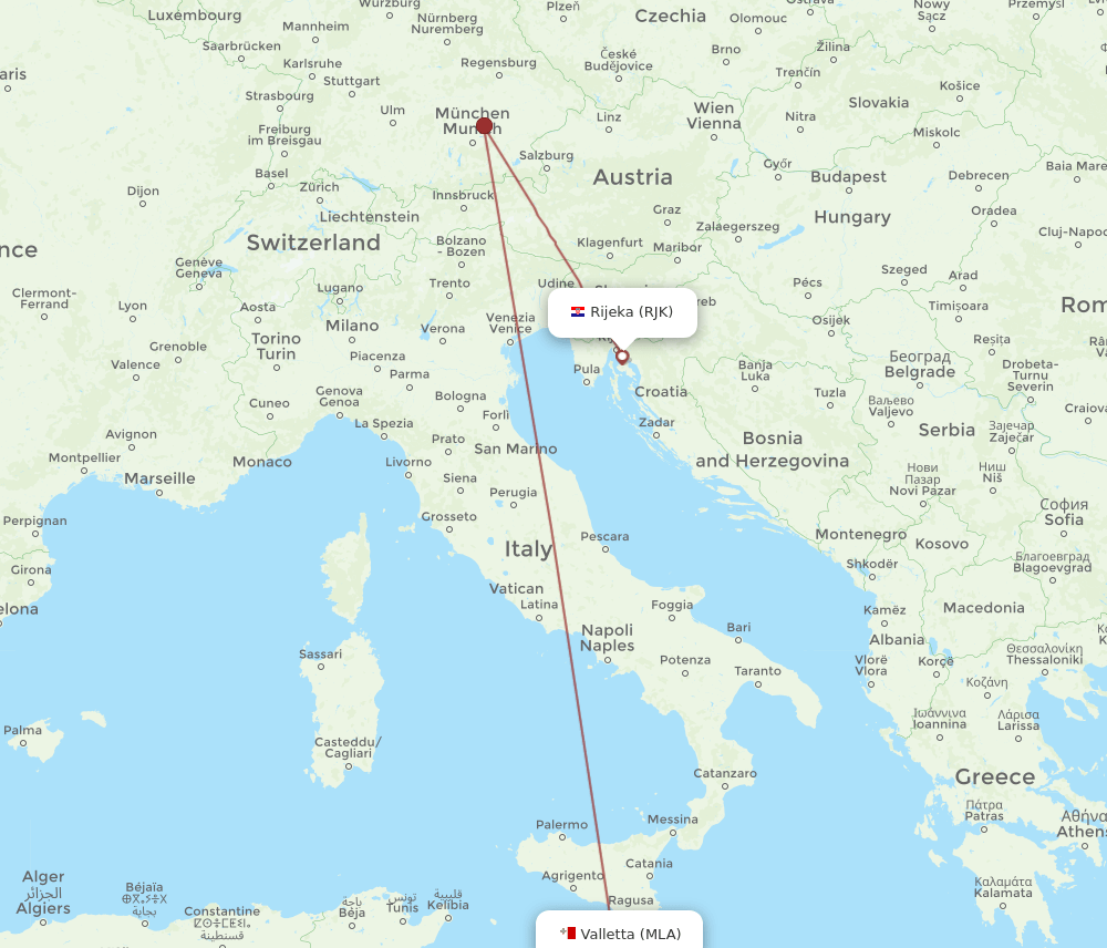 Malta - Rijeka route map and flight paths