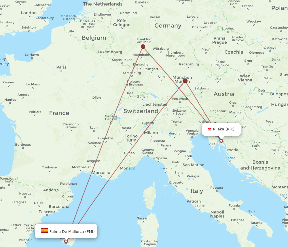 Palma de Mallorca - Rijeka route map and flight paths