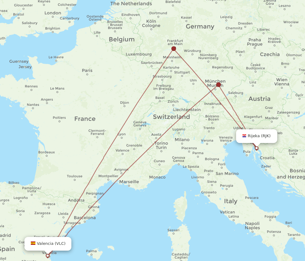 RJK to VLC flights and routes map