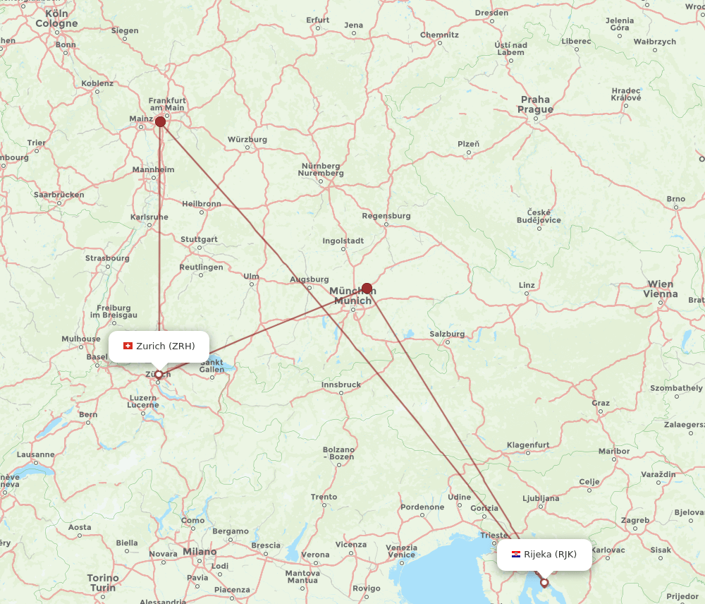 ZRH to RJK flights and routes map