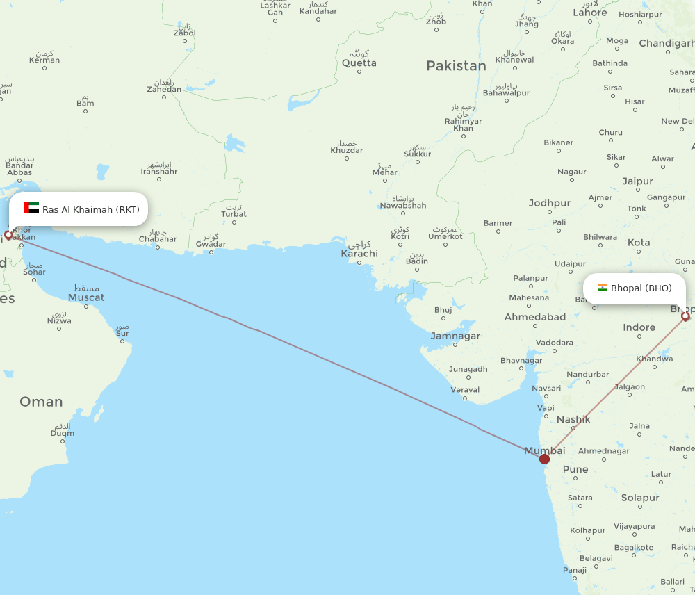 BHO to RKT flights and routes map