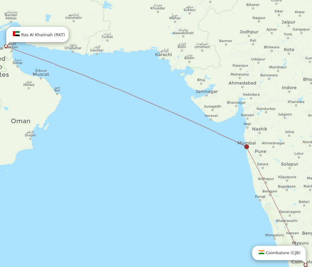 Coimbatore - Ras al-Khaimah route map and flight paths
