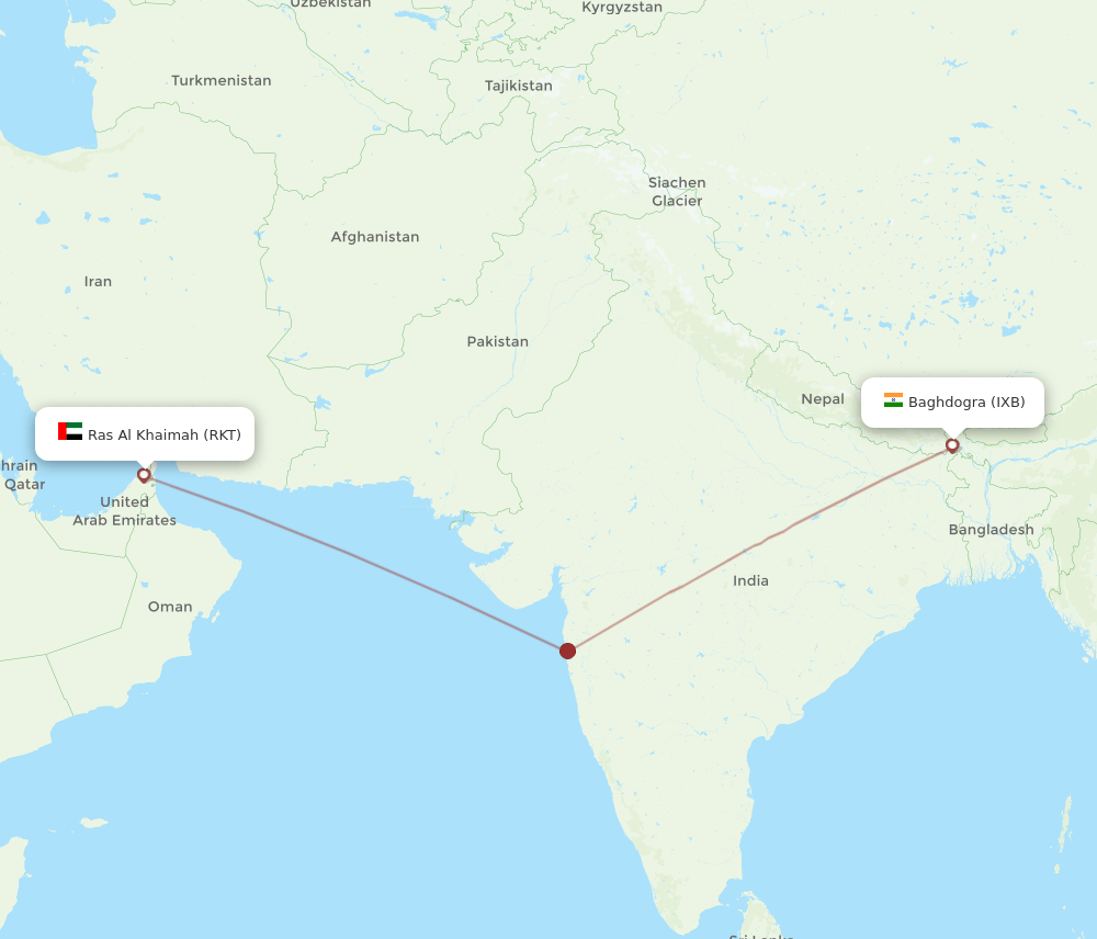 Bagdogra - Ras al-Khaimah route map and flight paths