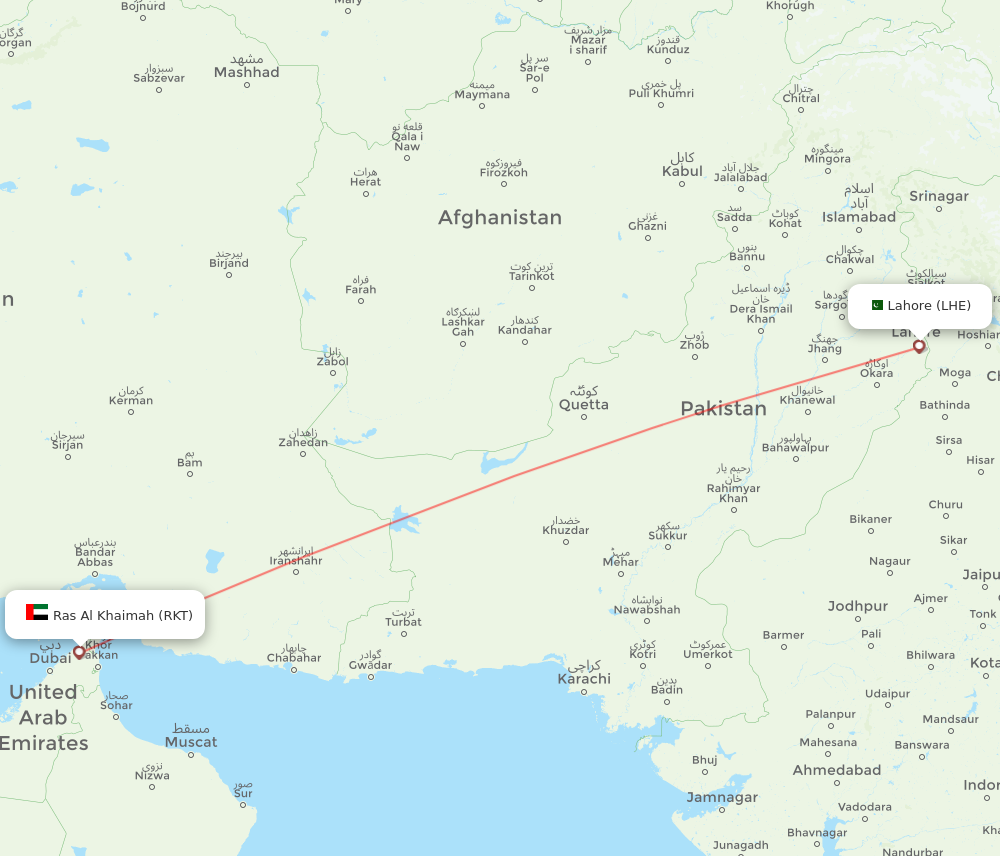 RKT to LHE flights and routes map