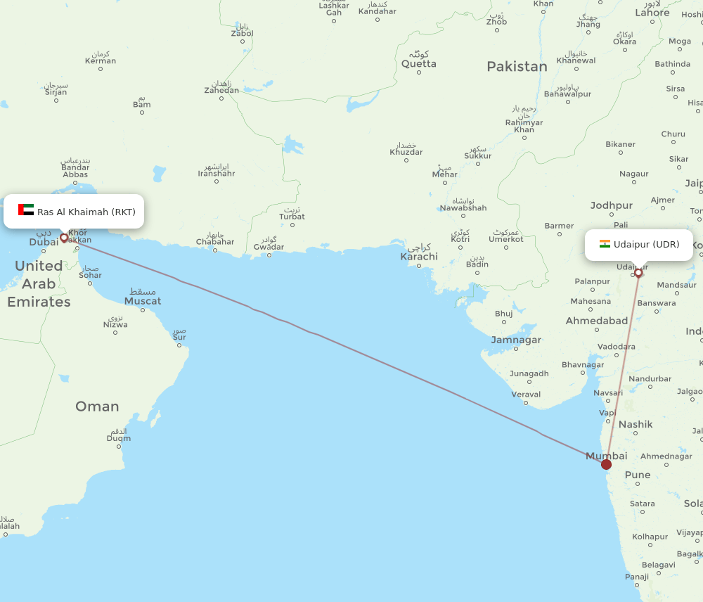 Udaipur - Ras al-Khaimah route map and flight paths