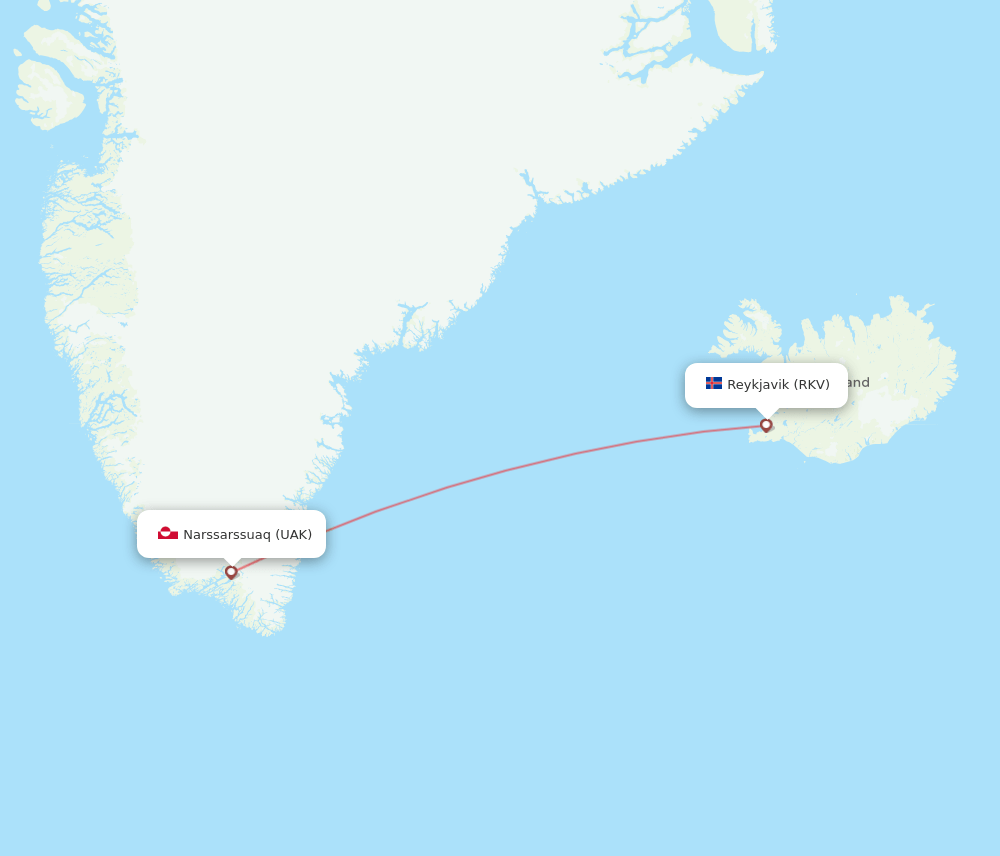 Reykjavik - Narsarsuaq route map and flight paths