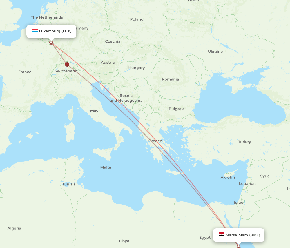 Marsa Alam - Luxembourg route map and flight paths