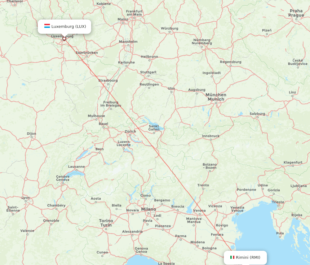 Rimini - Luxembourg route map and flight paths