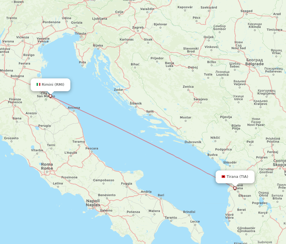 Rimini - Tirana route map and flight paths