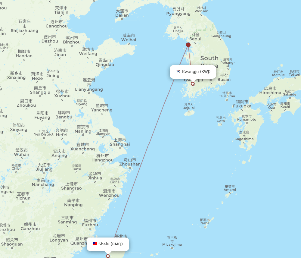 Gwangju - Shalu route map and flight paths