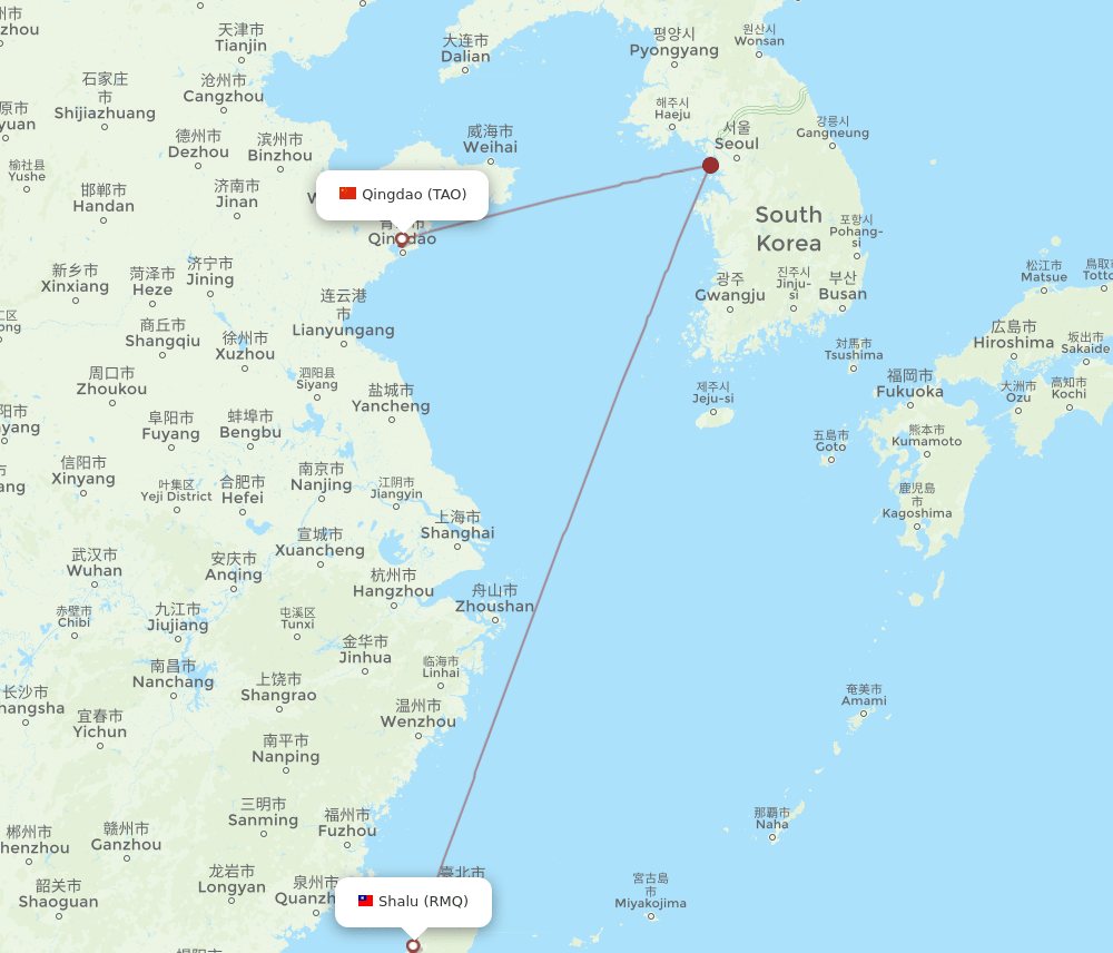 Qingdao - Shalu route map and flight paths