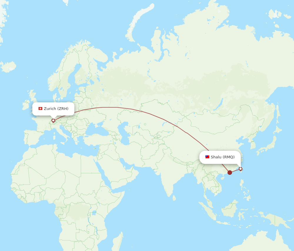 Zurich - Shalu route map and flight paths