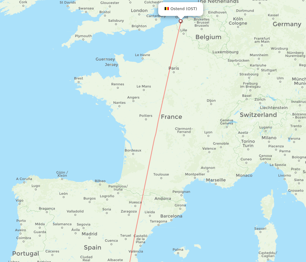 Corvera - Ostend route map and flight paths