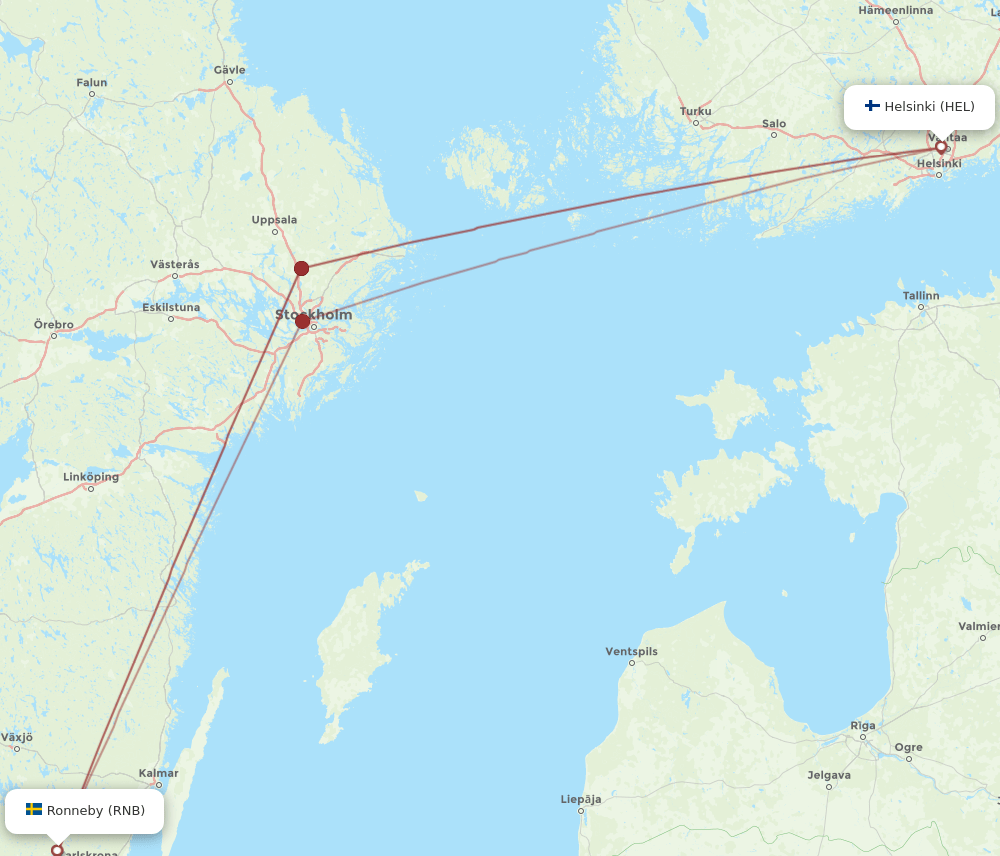 RNB to HEL flights and routes map